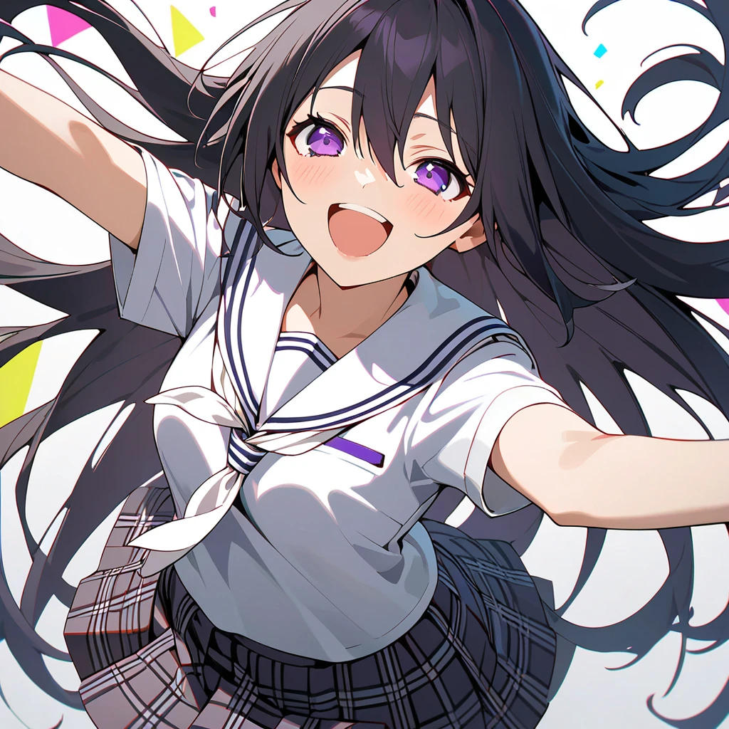  top quality,  Great Quality ,  high image quality,  Absurd,  1 girl , alone,  black hair,  purple eyes,  hair between eyes ,  long hair,   white sailor color ,   plaid pattern skirt ,  school uniform, Seraph,    white neckerchief   , Laughing laughing expression smiling looking happy so much fun