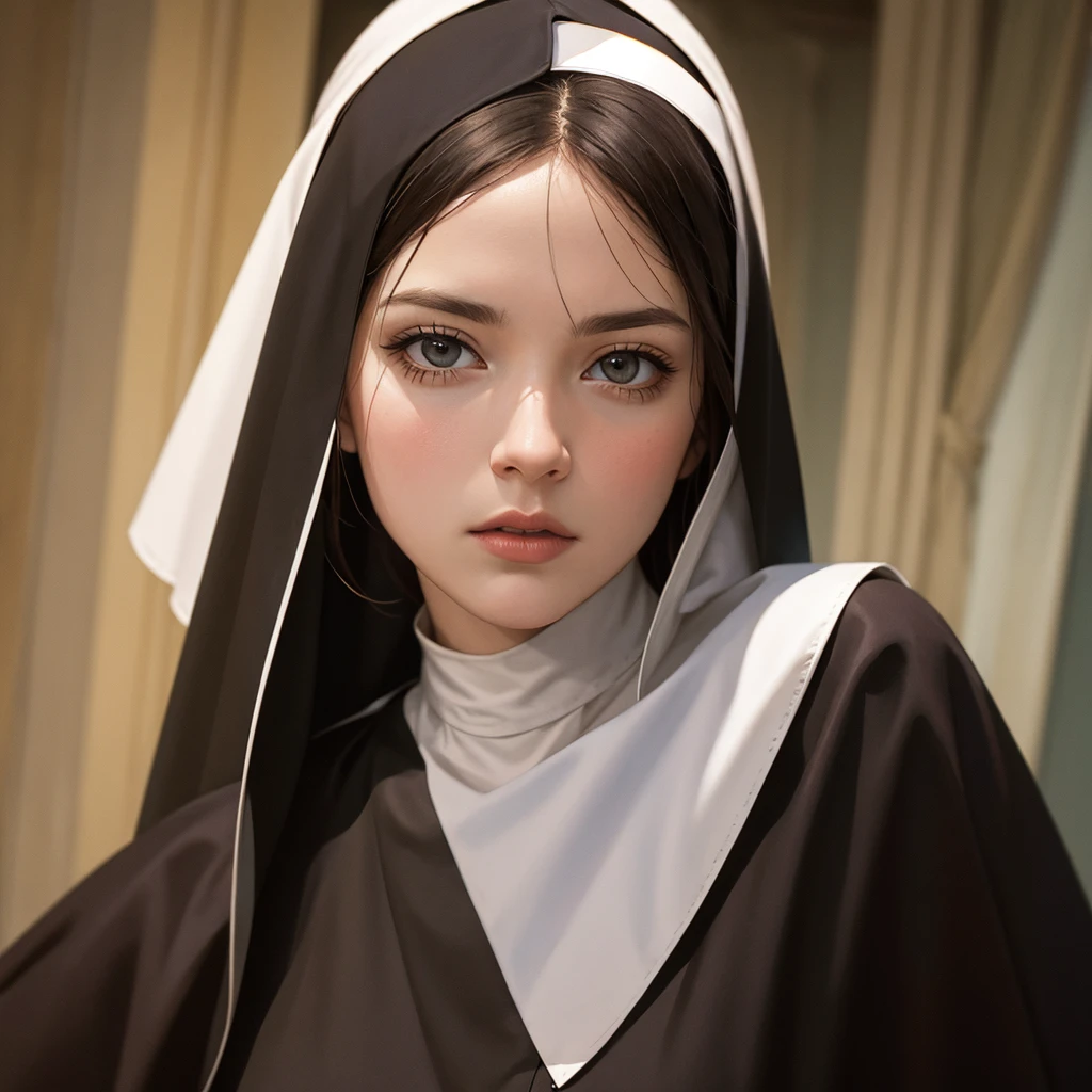 a nun girl with assault rifle, dark moody atmosphere, vibrant colors, intricate details, elegant pose, action scene, powerful presence, (best quality,4k,8k,highres,masterpiece:1.2),ultra-detailed,(realistic,photorealistic,photo-realistic:1.37),cinematic lighting,dramatic shadows,epic scale,cinematic framing,award winning,digital art,concept art,hyper detailed,oil painting, Renaissance style