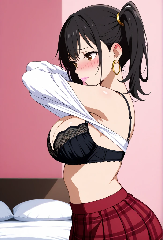 1girl, solo, masterpiece, best quality, (anime art style:1.0), blushing, short black hair, side ponytail, brown eyes, big Butt, Breast Implants - XL, Undressing / Shirt Over Head, short plaid red skirt, black bra, bedroom background/landscape, fair skin, gold hoop earrings, soft pink lips, light makeup