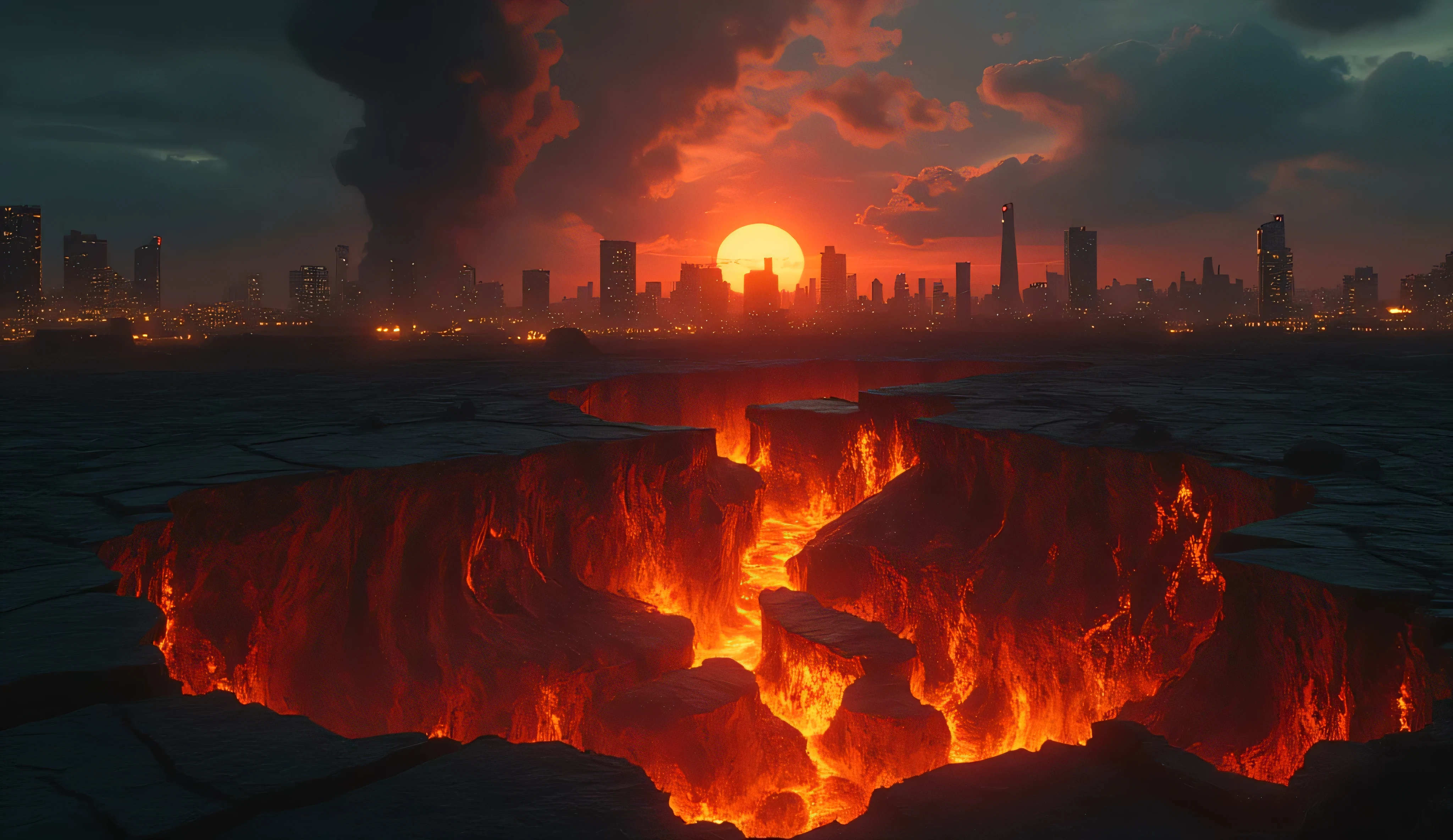 A terrible earthquake. A colossal uneven deepest Crack leading straight to hell runs between the skyscrapers in the lost modern city. The crack is burning with hellfire. Giant bloody tentacles of the ancient god of terror burst out of the depths of the lava, which spread the gap even wider..The sky is full of ashes, ravens, horror. Armageddon, the end of the world. A Crimson Sunset. The ruins of the city are on fire. portals to hell, horror. Black clouds, the sky on fire. Hell. the earth is in cracks. sulfur, fire, flour.