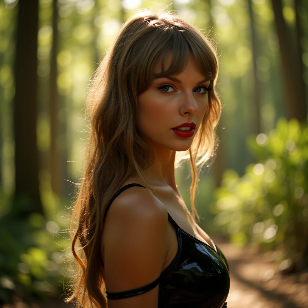 closeup portrait of face and shoulders, a beautiful woman in a latex dress and ballet heels, walking through a sunlit forest, detailed face, shiny lips, photorealistic, 8k, high quality, hyper detailed, masterpiece, cinematic lighting, intricate details, stunning scenery, lush greenery, natural lighting