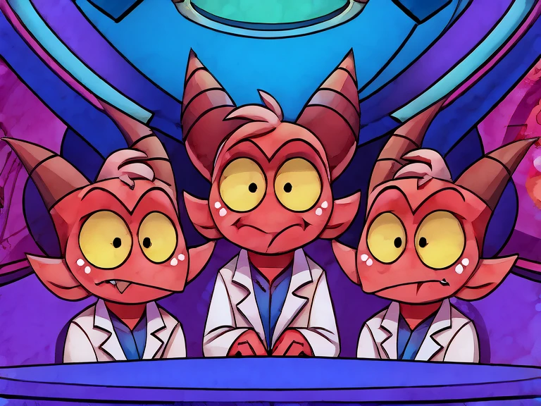 (masterpiece, best quality:1.2), Group of Imp´s, confused face, wearing scientist clothes, looking up in confusion, futuristic purple laboratory background