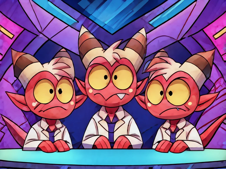 (masterpiece, best quality:1.2), Group of Imp´s, confused face, wearing scientist clothes, looking up in confusion, futuristic purple laboratory background