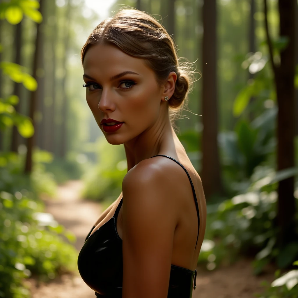 closeup portrait of face and shoulders, a beautiful woman in a latex dress and ballet heels, walking through a sunlit forest, detailed face, shiny lips, photorealistic, 8k, high quality, hyper detailed, masterpiece, cinematic lighting, intricate details, stunning scenery, lush greenery, natural lighting