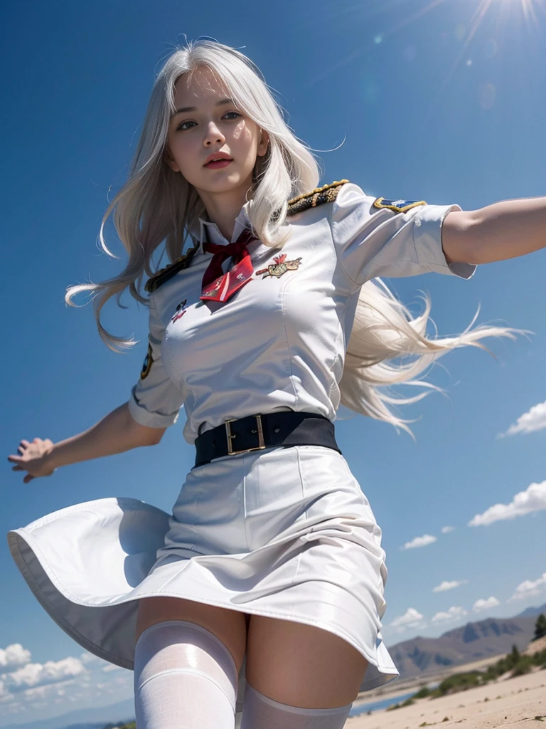 ( A picture of a super beautiful white-haired Russian female student stretching her arms towards the rising sun:1.2)(Sexiest Arab Women)(smile:1.2)(16k,  RAW photos ,  top quality, masterpiece: 1.2),(Her Shine,  long wavy hair fluttering in the wind :1.1)  very detailed な,  super resolution, (Genuine, Genuine photos: 1.37), Portraiture,  high-resolution RAW color photo,  professional photos ,  very detailed , 8K wallpaper,  very detailed  CG Unity 8K wallpaper,  very detailed  beautiful girl,  very detailed  faces,(Strong winds in the Golan Heights :1.2)( tight uniform :1.2)(whole body)(She&#39;s skinny but has big breasts:1.1)(Cute tight sleeveless style outfit:1.2)Uniform-style outfit, Light Grey Eyes , from the side,Beautiful armpits,Long hair hanging over face,