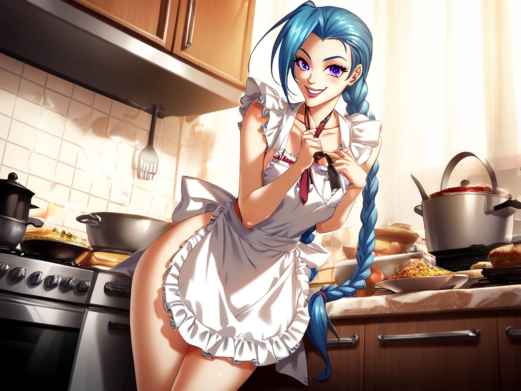 Jinx lol character, High resolution,  The best quality , tall details, HD model, kitchen, apron, naked under the apron, cooking, with a smile, looking at viewer