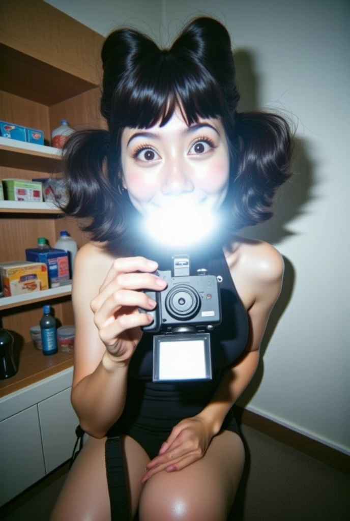 "" A Taiwanese woman with a large hair curler ,  her face was shocked when the camera hit her directly . ,  and her expression smile of surprise and humor .  She is dressed in casual clothes ,  in a realistic style ,  but the scene has a funny and exaggerated comic effect.  The background is inside the room of a simple refrigerator shelf, .on the shelf of the refrigerator .  In the room of the supermarket  , some groceries  ,. adds humor to the situation . "