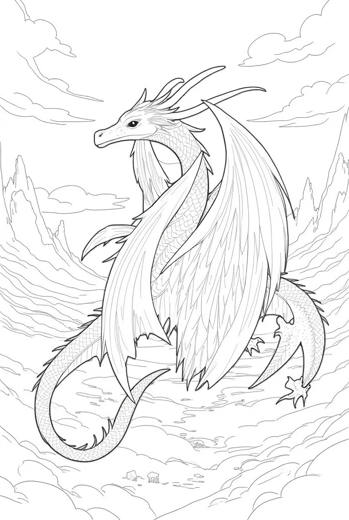 Create me a coloring page of a magical dragon, for coloring with large white areas and strong black lines