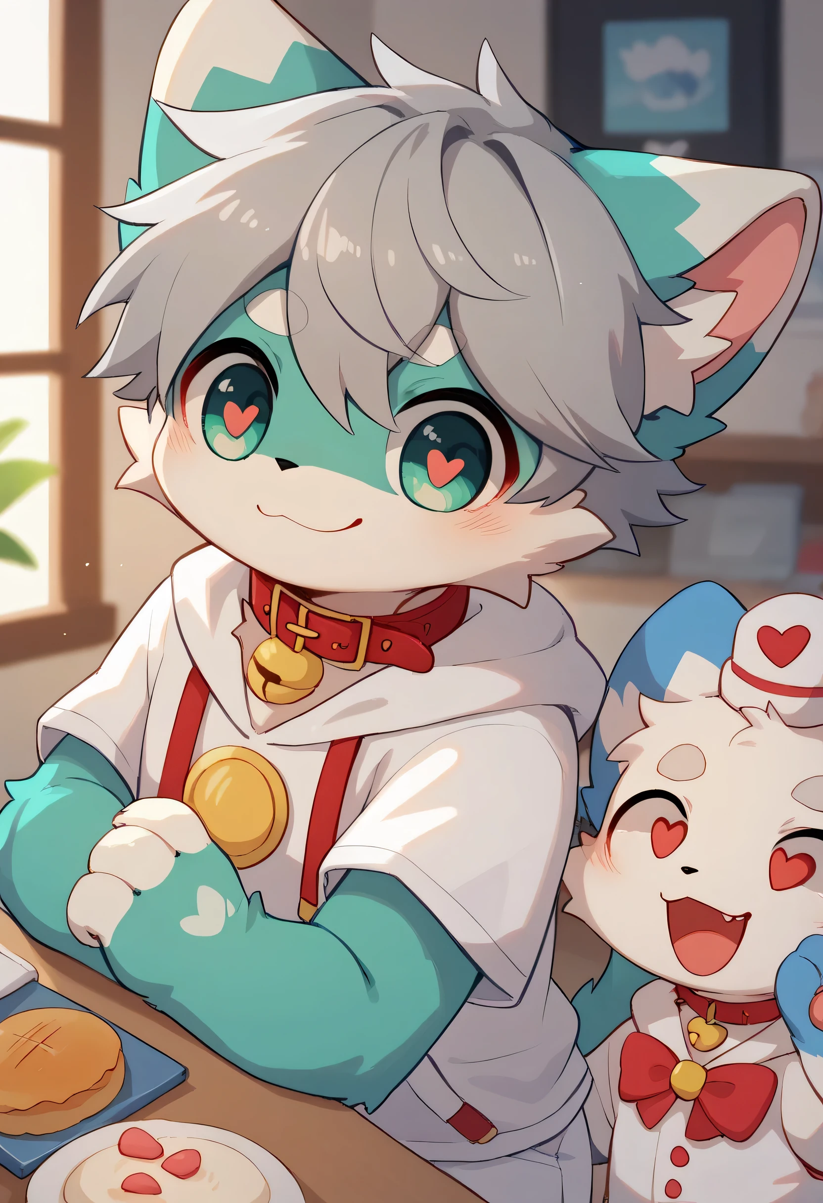  very detailed な, very detailed , gray hair with blue fur ,,male,骨を見てExcited,Heart Eyes,participate,Red collar, green white and colored hat, cute face, fluffy fur like one,Excited,Horny boy,Smiling face, Stylish Room,：cutesy poo [pie]：say in simpery voice,：act cute to guys﻿,kitten,Dropped ears,Beautiful room,,Cheek your hands ,Heart Eyes,Want, into white shorts,WHITE SHORT SLEEVE HOODIE 