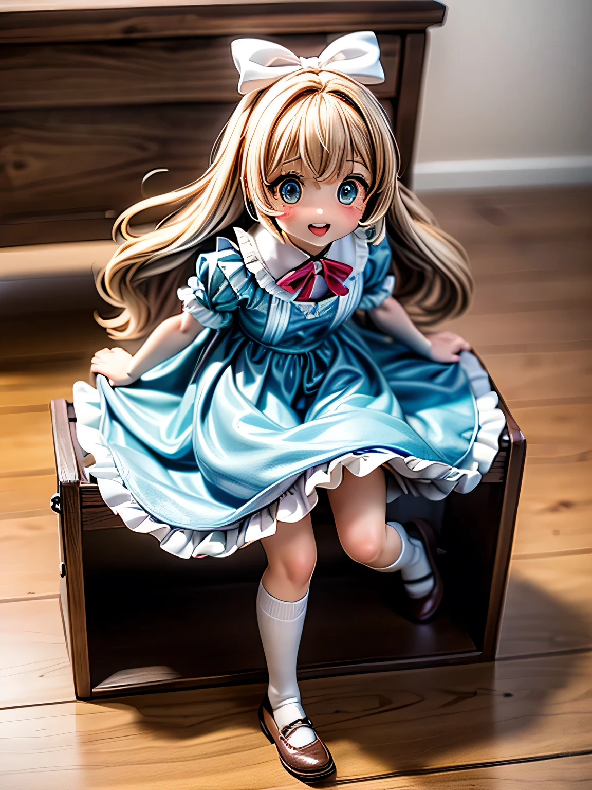 3D images, ( top quality、8k、 super high resolution、masterpiece:1.2)、Original photo、Ultra-detailed、( real、Realistic)、( photo-realistic :1.37)、 angle from below、(wide shot:1.6)、( A cute doll girl who jumped out of the wooden box:1.3)、 1 girl in uniform、(( beautiful eyes))、 A beautifully arranged face 、  real display、 showing a smile to viewers 、( perfect anatomy:1.3)、( The look of Alice in Wonderland :1.4)、 White Ruffle Apron 、 hair ribbon、(White long socks :1.24)、((( photograph the moment the girl jumped out of the box and floated in the air )))、( her skirt flips up with momentum :1.3)、skirt wind, Ruffled Panties、Unbalanced posture、(A large wooden box that opens upwards :1.2)、(Wooden Box Lid :1.3)、( large amount of packaging material that popped out of the box together )、mary jane shoes、 holding a skirt with her hands 、 dramatic lighting 