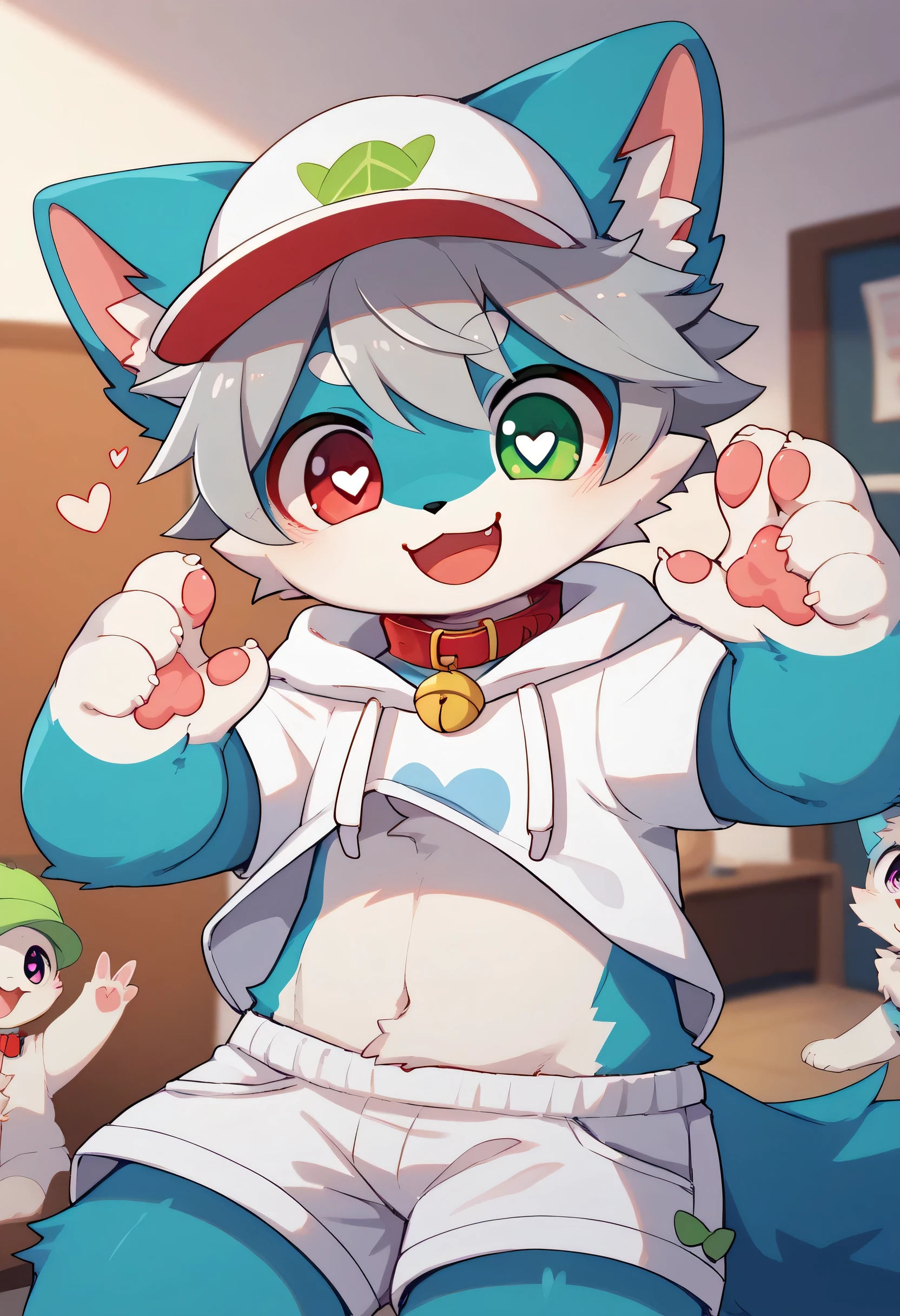  very detailed な, very detailed , gray hair with blue fur ,,male,骨を見てExcited,Heart Eyes,participate,Red collar, green white and colored hat, cute face, fluffy fur like one,Excited,Horny boy,Smiling face, Stylish Room,：cutesy poo [pie]：say in simpery voice,：act cute to guys﻿,kitten,Dropped ears,Beautiful room,,Cheek your hands ,Heart Eyes,Want, into white shorts,WHITE SHORT SLEEVE HOODIE 