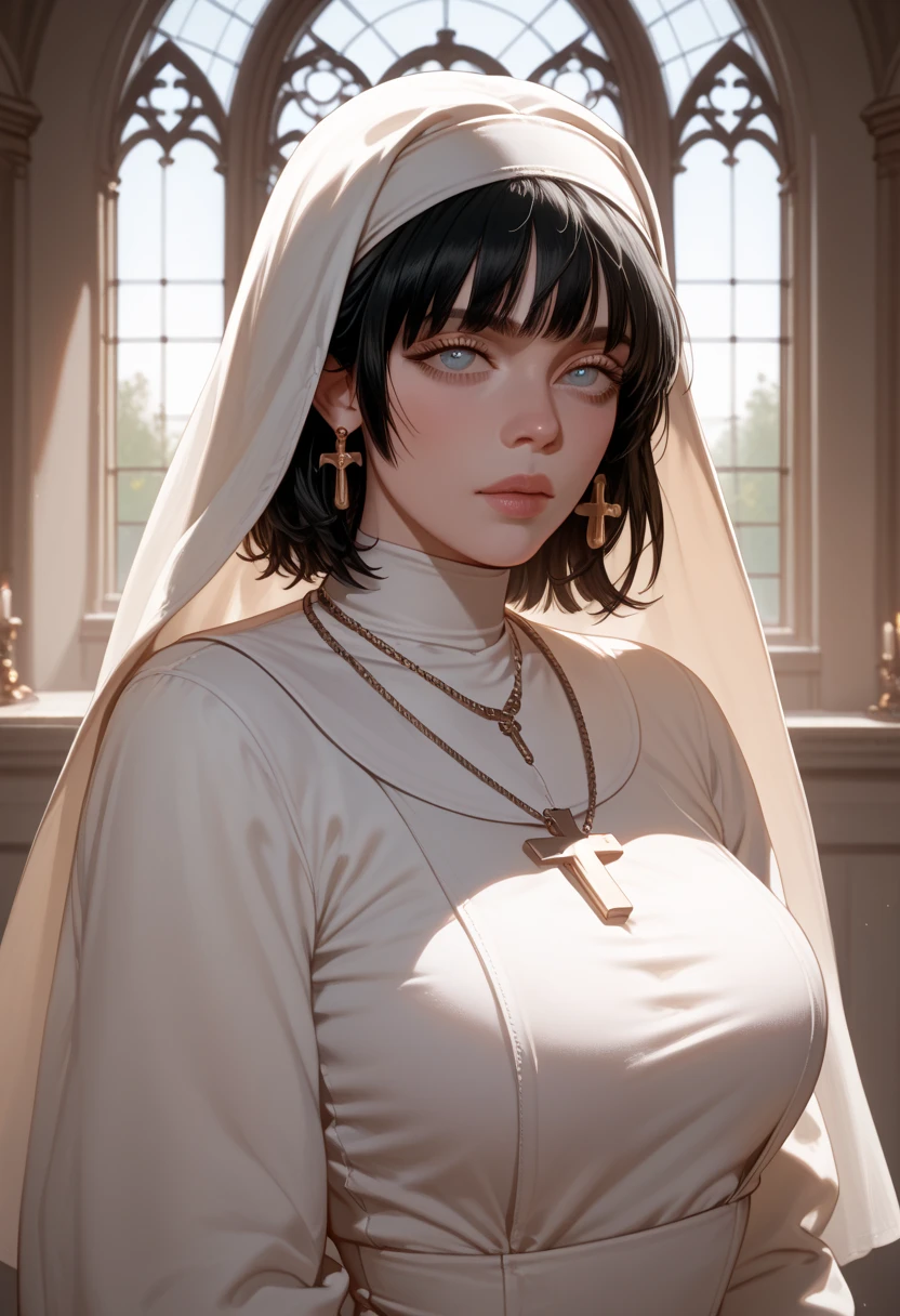  Billie Eilish she is standing with her back to a window, wearing a white nun outfit ,  short black hair,