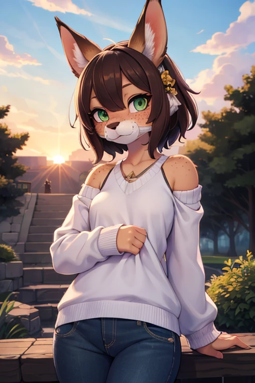 Alone, 1 , female, adult, lottery, deer girl, furry female, body hair, animal nose , muzzle,  animal ears ,  green eyes,  brown hair , short hair, freckles, cute face,  Perfect Anatomy ,  detailed skin,  detailed eyes,  perfect hands ,  perfect face ,  small breasts,  hair over one eye , to break sweater,  long sleeves , Shoulder shirt showing , pants, to break outdoors, park, colorful,  sunset ,  looking at the spectator,  Dutch angle , to break (( Ultra-detailed)), (( best quality )), (( best quality )), ((beautiful eyes)), (( extremely detailed )), 4K, (8k),  best quality , (beautiful),  masterpiece ,  highres icon, score_9, score_8_above, score_7_above, colorful,  best quality , official art,  highres icon,   masterpiece , nai3, divine light, detailed background,  high quality background ,  very aesthetic, absurdres, 