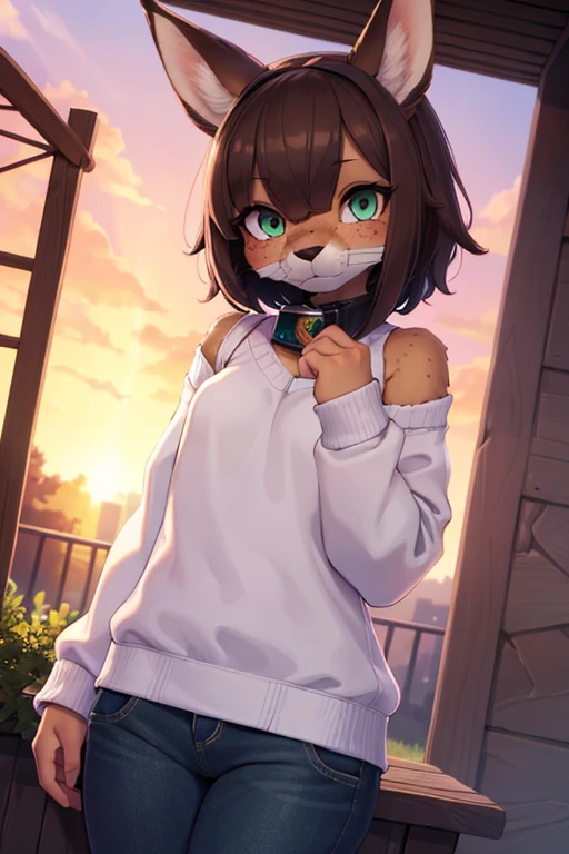 Alone, 1 , female, adult, lottery, deer girl, furry female, body hair, animal nose , muzzle,  animal ears ,  green eyes,  brown hair , short hair, freckles, cute face,  Perfect Anatomy ,  detailed skin,  detailed eyes,  perfect hands ,  perfect face ,  small breasts,  hair over one eye , to break sweater,  long sleeves , Shoulder shirt showing , pants, to break outdoors, park, colorful,  sunset ,  looking at the spectator,  Dutch angle , to break (( Ultra-detailed)), (( best quality )), (( best quality )), ((beautiful eyes)), (( extremely detailed )), 4K, (8k),  best quality , (beautiful),  masterpiece ,  highres icon, score_9, score_8_above, score_7_above, colorful,  best quality , official art,  highres icon,   masterpiece , nai3, divine light, detailed background,  high quality background ,  very aesthetic, absurdres, 