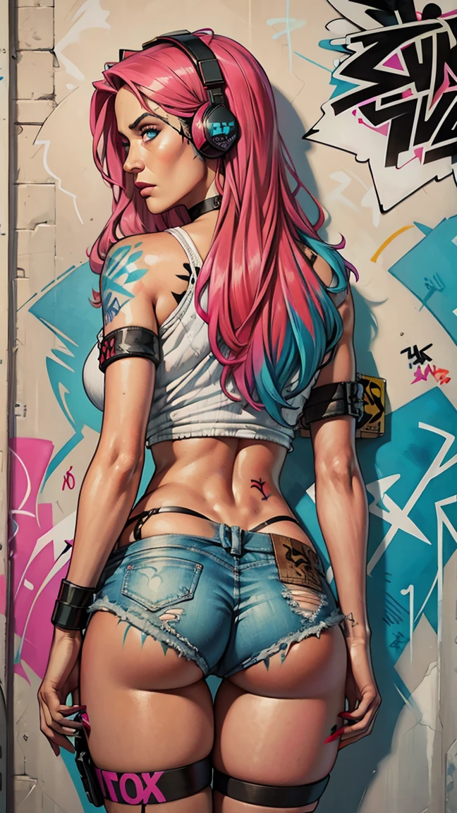 work of art, best qualityer, Beautiful 25 year old woman, long hair, (mature face:1.4), 1womanl, standing alone, top cut, Shorts jeans, choker, (from behind:1.4), fat ass, thick-thighs, Waist slender, (graffit:1.5), ink spatter, arms behind the back, against the wall, gazing at viewer, clamp, thigh strap, paint on the body, tilt your head, bored, multicolored hair (Pink, cerulean), water eyes, earphone, NSFW breasts), hdri, extremely naked, nude, nua, pelada, nsfw, perfect proportions human body, gigantic breast 1.9