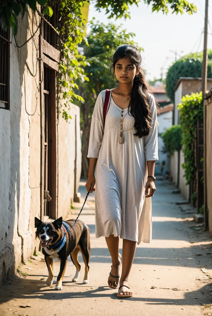 A indian 18 year old girl in morning walk with her dog and sister 