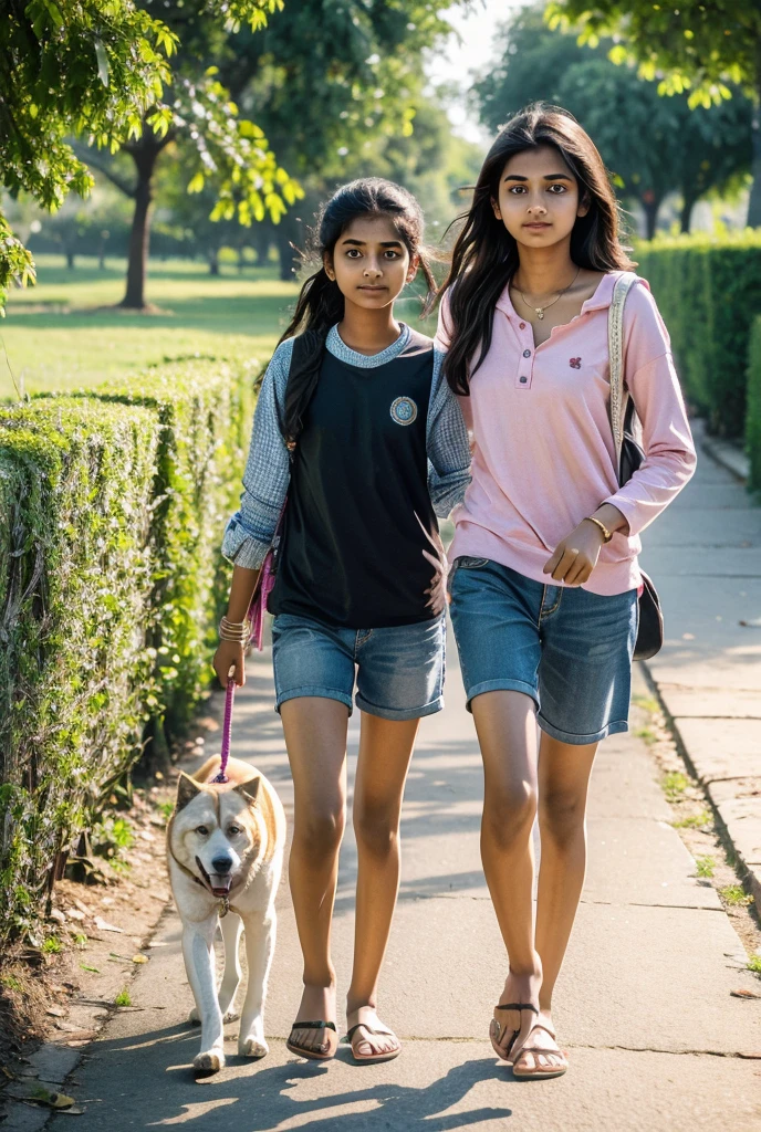 A indian 18 year old girl in morning walk with her dog and sister 