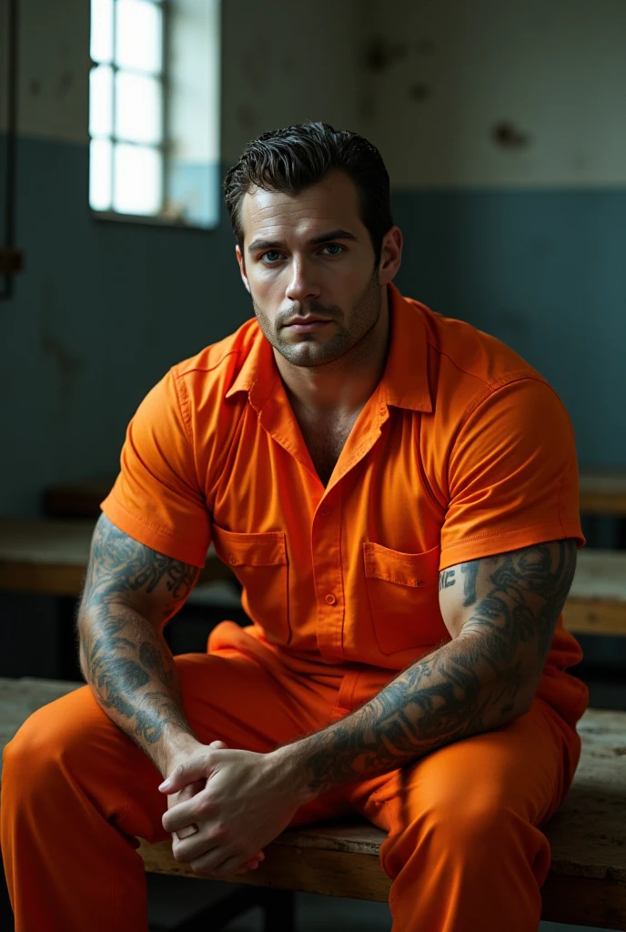 h3nr4, Henry Cavil handsome muscular prisoner sitting on a bunk inside his cell, henry cavil wearing an orange suit, henry cavil with short brown hair and sad expression, tattoos all over his skin, glowing muscles, drastic lighting, light coming through the window, photorealistic, hyperrealism Concept art, close-up, cell.