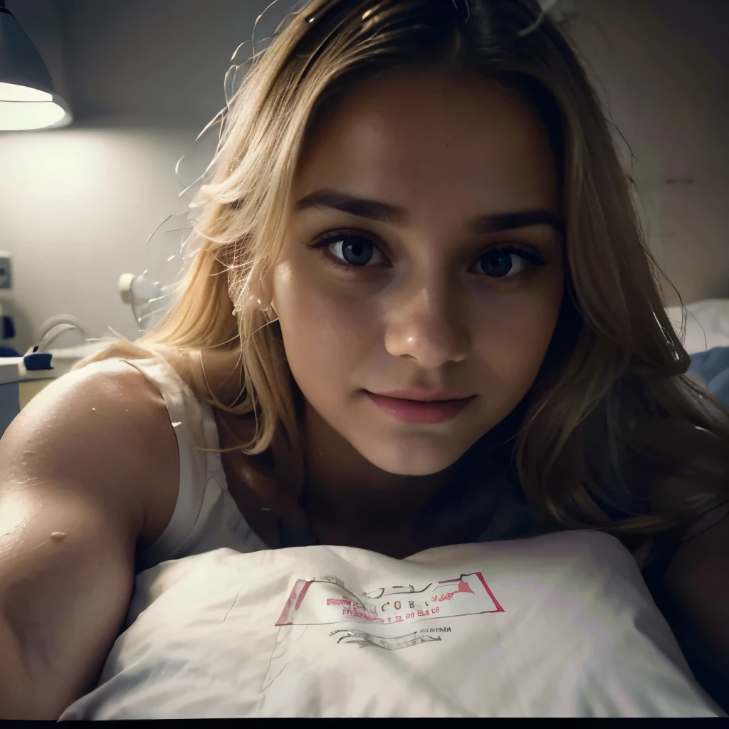 Hospital fund , hospital bed ,sad appearance ,  selfie lying in bed with a blanket , Hot blonde girl , beautiful brown eyes , hair ties, tears on the face ,selfie na cama,  pretty face ,  holding a sheet with the name Alexa on it , dark light , darks , poor quality image  ,  iPhone image quality , poor quality image ,  Not very realistic  ,  looking like a regular photo of someone in the hospital, dark , in the dark , dark lights ,looking cute ,  normal quality selfie photo , hospital bed , Hospital fund , in a hospital,  pretty face e detalhado ,  seductive women  , darkness time, blond hair , They look cute , average quality , selfie in a hospital bed laying .