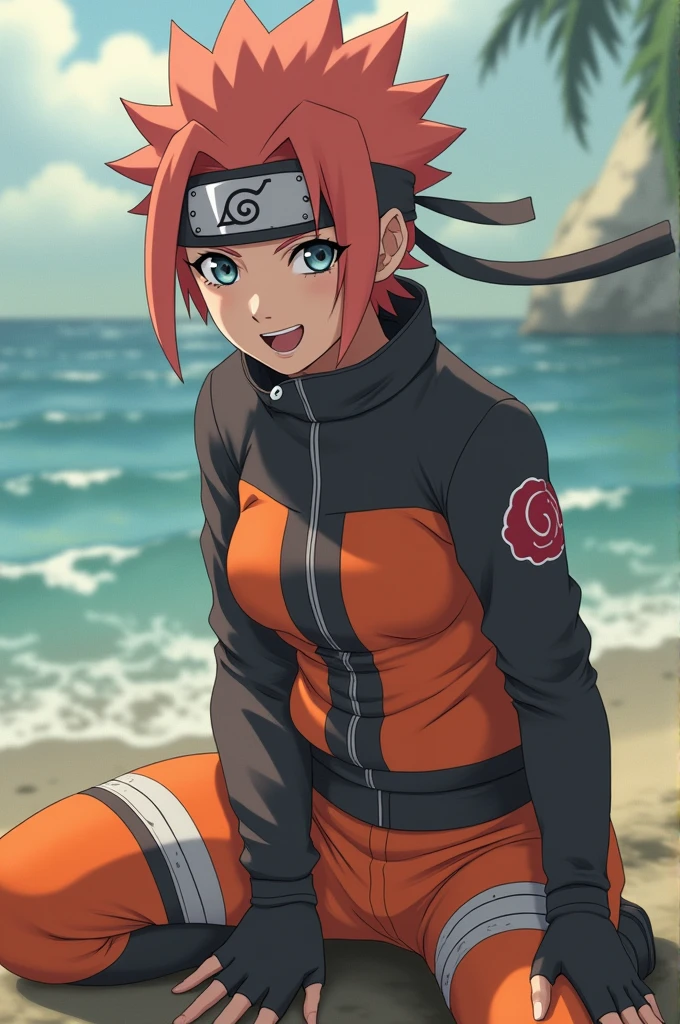 naruto uzumaki as a girl/female/woman, genderswaped naruto, at the beach, female naruto at the beach. long beatifull hair, blond hair and pink highlights, perfect image, best image quality