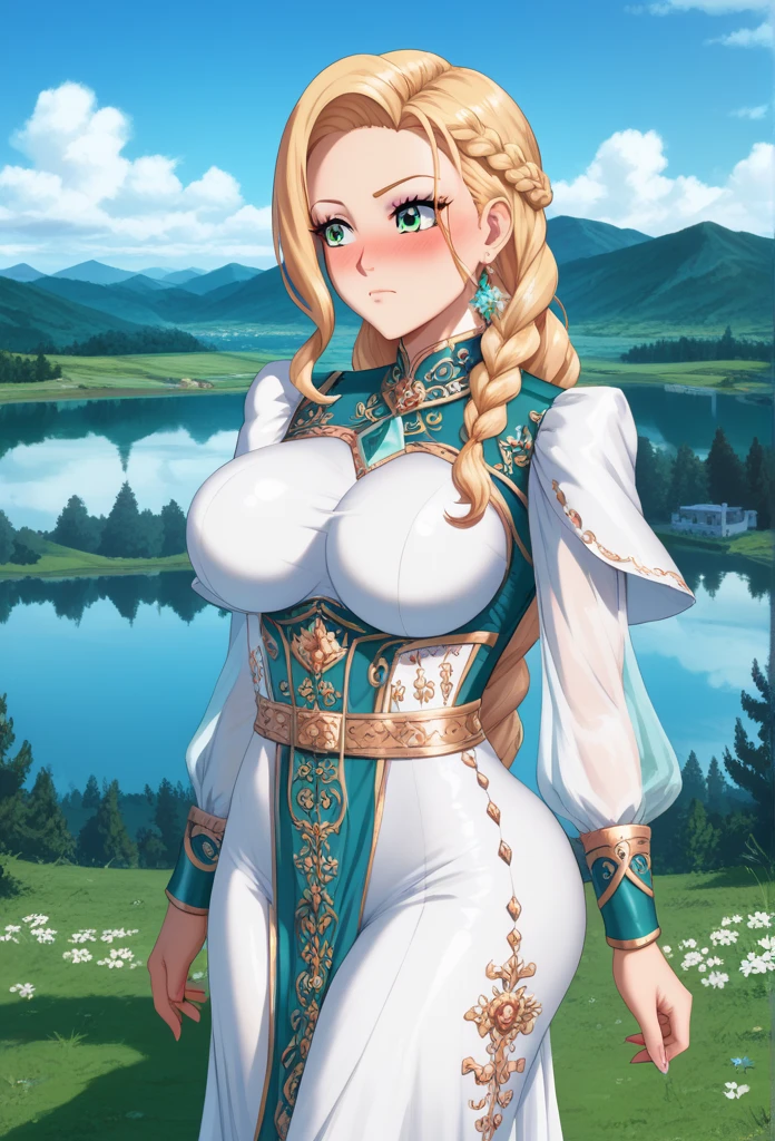 1girl, solo, masterpiece, best quality, (anime art style:1.0), blushing, wearing yakutfa, yakutfa clothes, beautiful scenery, shimmering lake, long hair, braid, blonde hair, extremely detailed clothing, digital art, masterpiece, absurdres, highest quality, score_9, score_8_up, score_7_up,   CMRNM, beautiful scenery in the landscape, green eyes, pouting, big Butt, Breast Implants - XL,