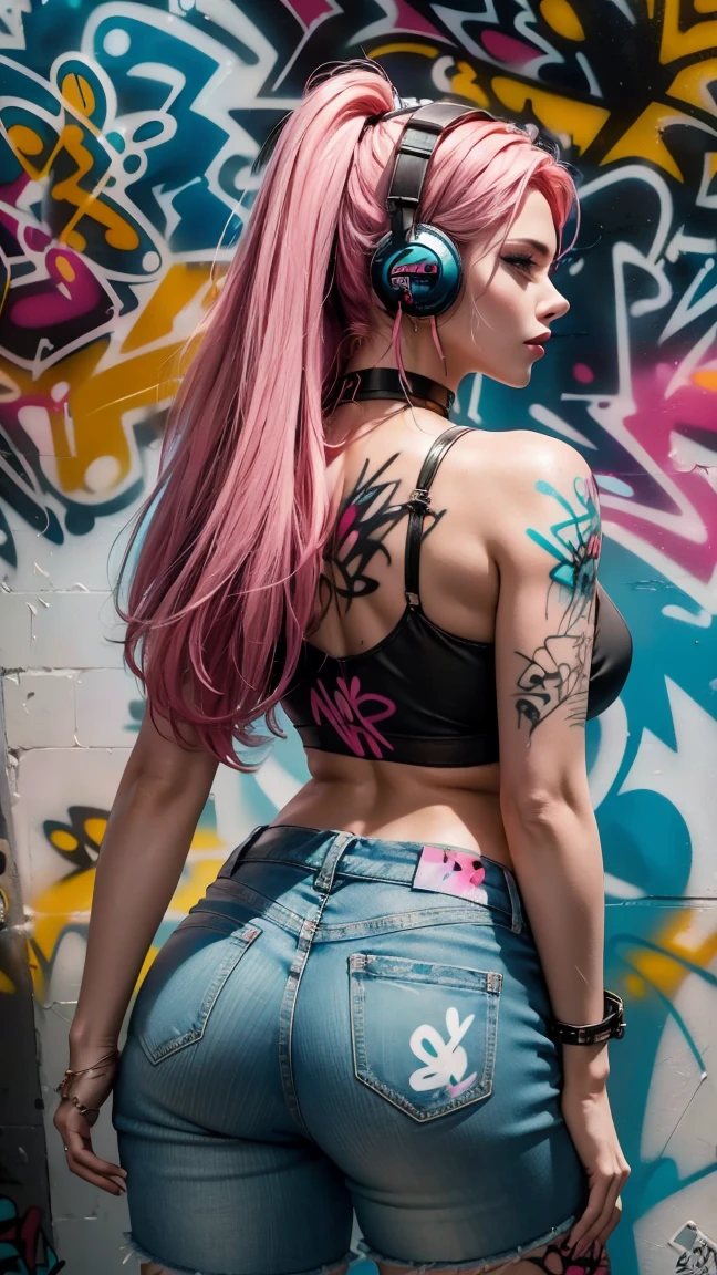 masterpiece, best quality, 2 girls, duo, crop top, denim shorts, choker, (graffiti:1.5), paint splatter, arms behind back, against wall, looking at viewer, armband, thigh strap, paint on body, head tilt, bored, multicolored hair, aqua eyes, headset, perfect bum, perfect body, berfect bust, perfect angle, Canon 5D Mark 4, Ultra HD, 4K