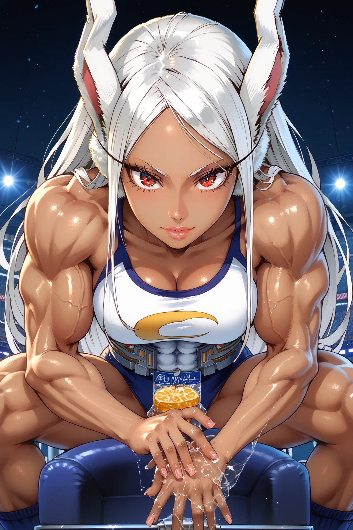 rumi usagiyama, long hair, animal ears, white hair, dark skin, rabbit ears, dark-skinned female, muscular, rabbit girl, muscular female, red eyes, parted bangs, ((fully naked)), 8k,Obra maestra,mejor calidad,ultra detallado,detalles intrincados,hiper calidad,alto detalle,profesional, HDR,cinematic lighting,panoramic view,sola,((beauty eyes)),((perfect hands)),((anatomically perfect)), ((completamente desnuda)), cuerpo completo, cuerpo detallado, bent over looking through own legs, 1girl, solo, 