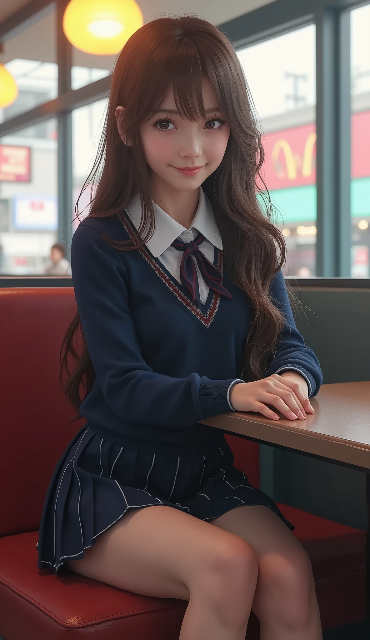 (best quality pictures:1.3)、16K high resolution、 super detailed、masterpiece、( live shooting )、( Photorealistic)、( hyperrealism )、Sharp focus、 very delicate and beautiful 、 Japanese High School Girl 、18 years old、Super beautiful、Facial beauty、Take a seat at McDonald's in Shibuya、 (spread her legs)、high school uniform 、 navy blue mini skirt 、School Sweater、 ties、 wearing makeup 、Brown hair、She wants to be asked out by a grown man