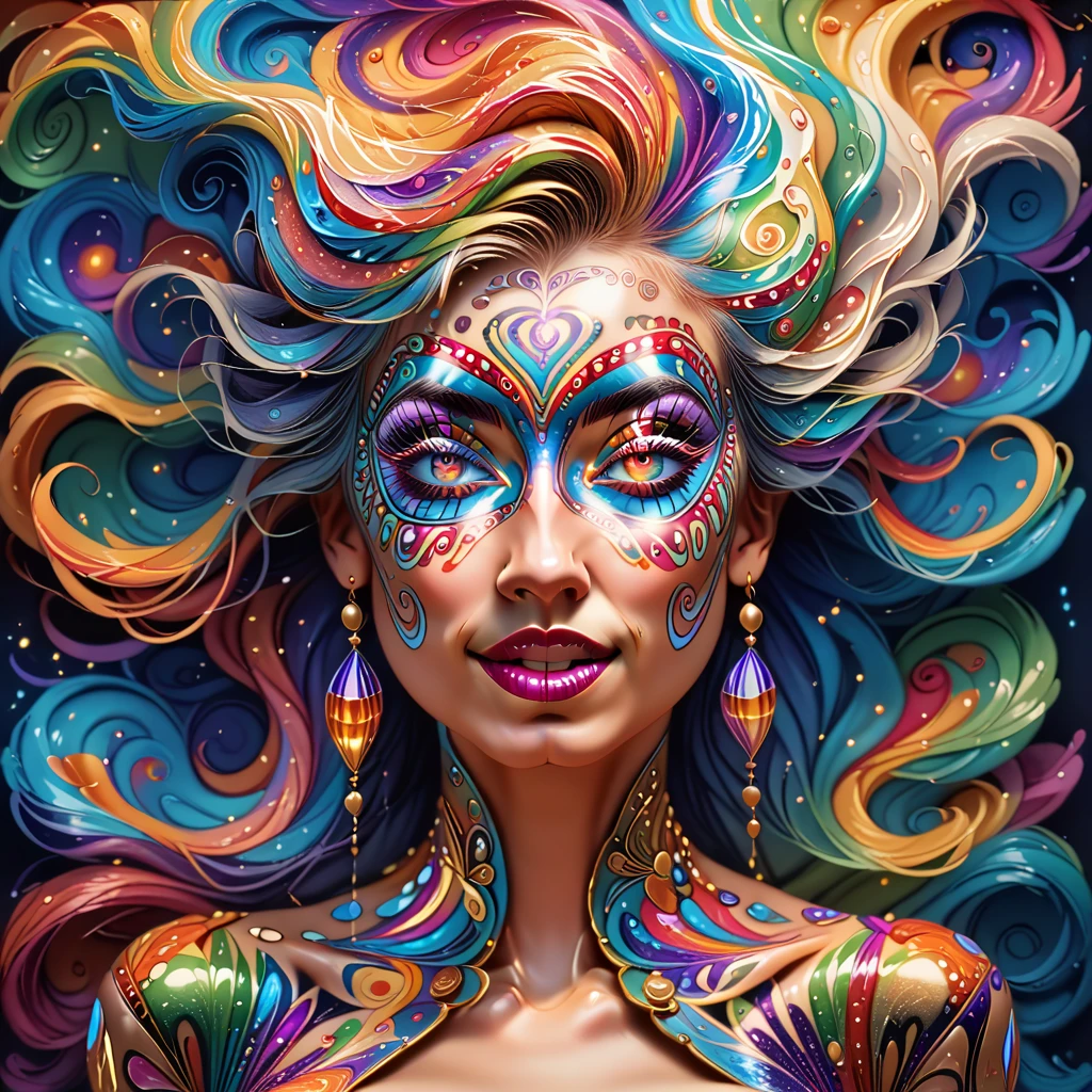  painting of a woman's face painted with colorful patterns and colors, Amanda Sage  ,  popular at Art Station,  psychedelic art , Beauty、Smiling Psychedelic Goddess  ,  Ultra Detailed Fantastic Art ,   Extremely Complex and Colorful  ,  highly detailed visionary art , epic shamanic DMT art,  psychetrance artwork , DMT art,  Visionary Art Style ,   Highly Detailed Fantastic Art High Definition,  very detailed ,  smiles,,  very detailed , 