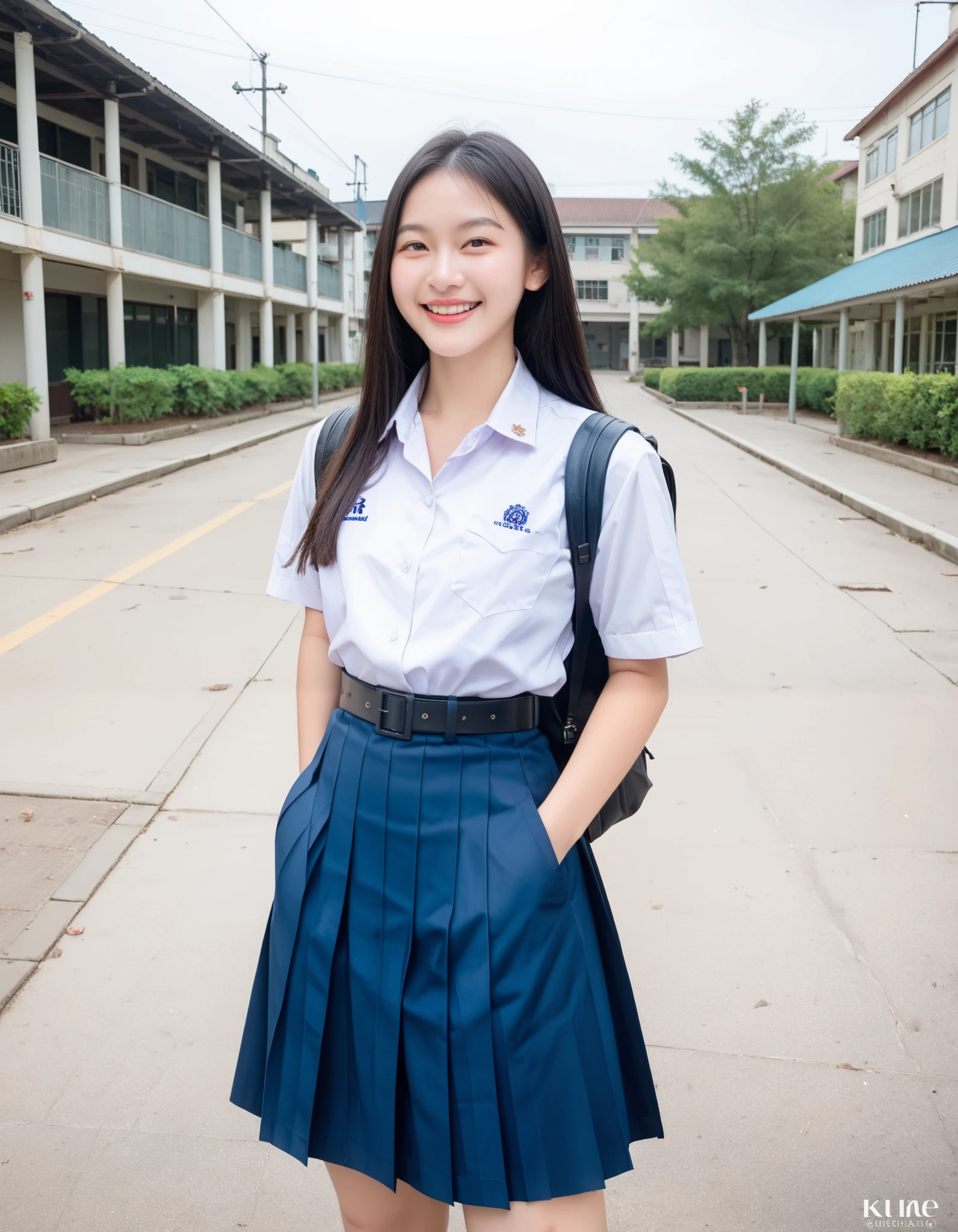 (masterpiece, best quality:1.0), highly detailed,  detail,  1girl, Asian girl, long hair, black hair, Thai highschool uniform, wearing white collared shirt, short sleeves, blue skirt, pleated skirt, black belt,  pocket, school logo on pocket, outdoor,  smile,  standing, cowboy shot, wearing black backpack