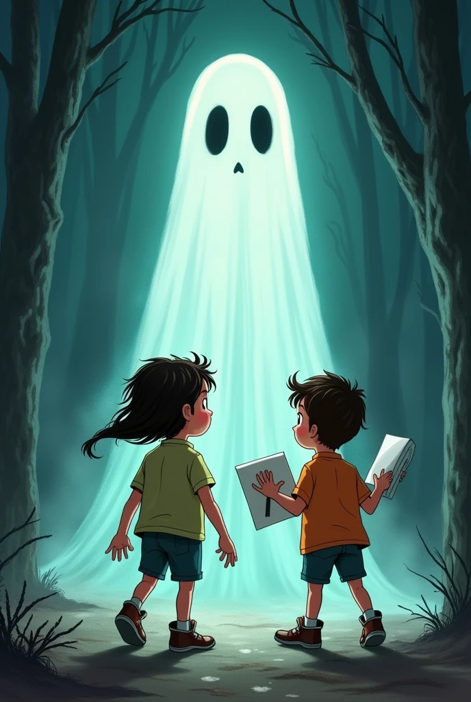 "Create an evocative scene where a mobile phone rests under a large, ancient tree. The phone displays a dark and eerie Bhootiya background, featuring ghostly figures or supernatural elements. Two children are engrossed in the phone's screen, their expressions a mix of wonder and fear as they explore the unsettling content."animated