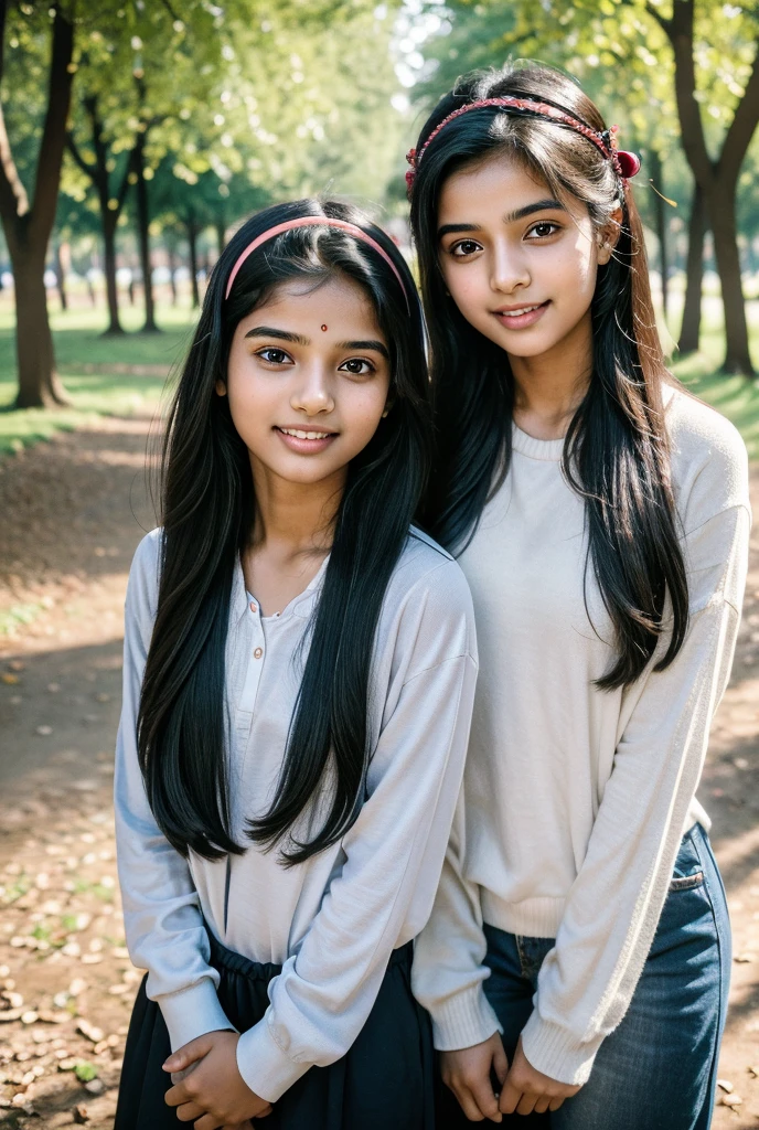 A beautiful indian 18 year old girl in morning walk in park with her dog and sister Long Hair, Black Hair, Hair Ribbon, Hairband, Parted Lips, Teeth, Dutch Angle, Masterpiece, Best Quality, Anatomically Correct, 