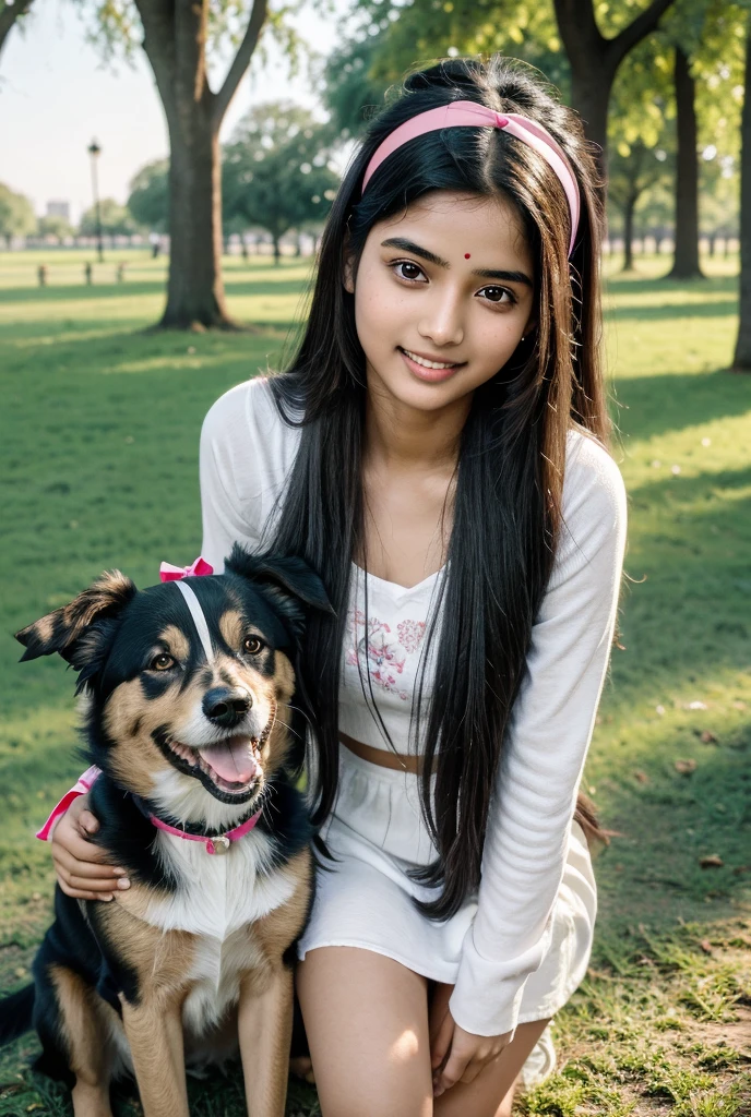 A beautiful indian 18 year old girl in morning walk in park with her dog and sister Long Hair, Black Hair, Hair Ribbon, Hairband, Parted Lips, Teeth, Dutch Angle, Masterpiece, Best Quality, Anatomically Correct, 