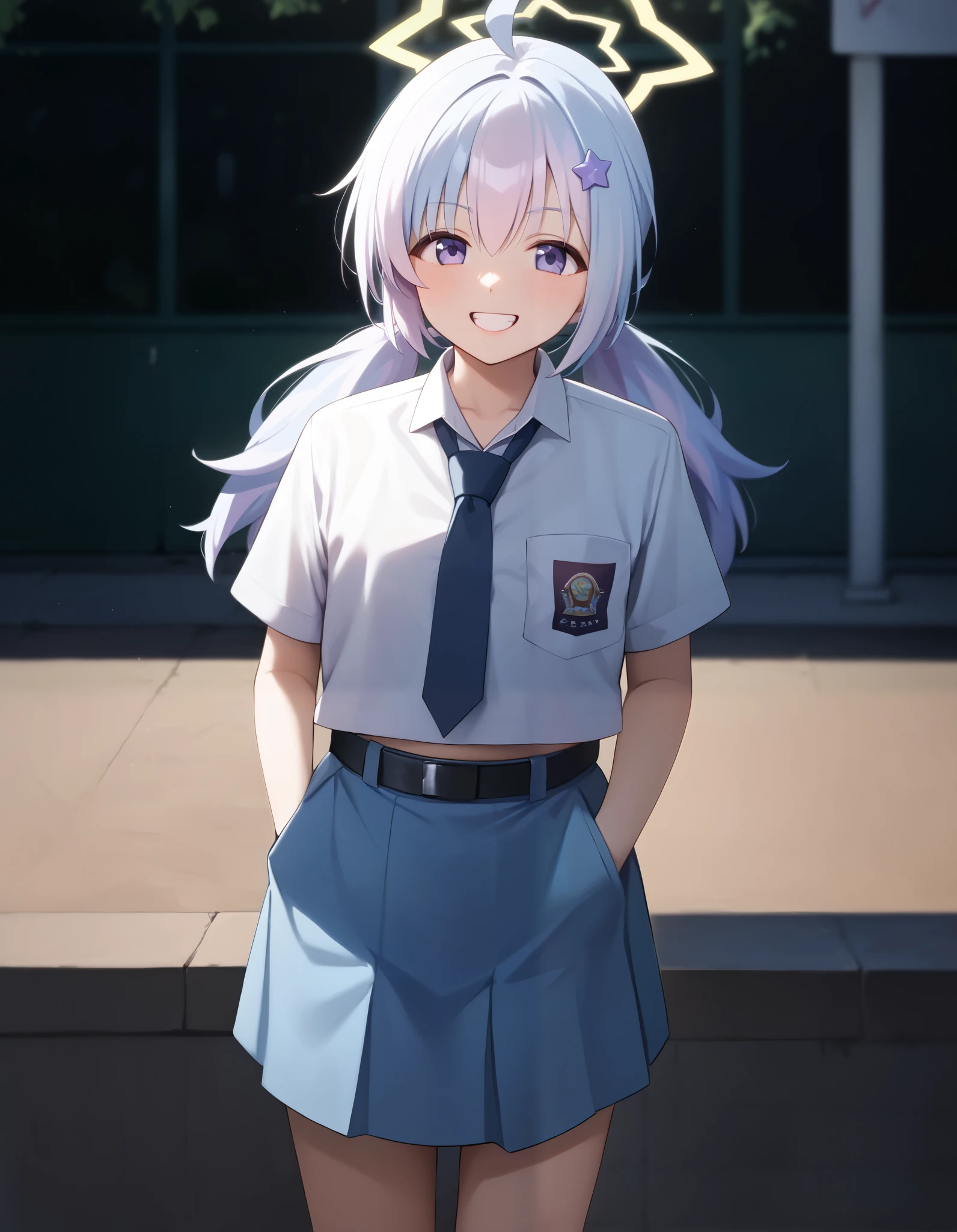 Masterpiece, realistic, solo, hd, best quality, reisa \(blue archive\),purple eyes, multicolored hair,low twintails, halo,star \(symbol\), Indonesian high school uniform, wearing uniform, white collared shirt, short sleeves, light blue necktie, light blue skirt, wearing black belt, pocket, standing, outdoor, happy, smile