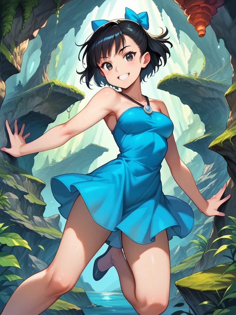 1 , Dynamic pose, Tiro de Cowboy,  looking at the viewer, detailed background, smile,  one hand on her face , one hand on the waist, cavern,  vegetation , blue walls,
 , short hair, Hair bow,  black hair,  black eyes, Short blue dress, bare legs, to the Makeacs, cartoon, 