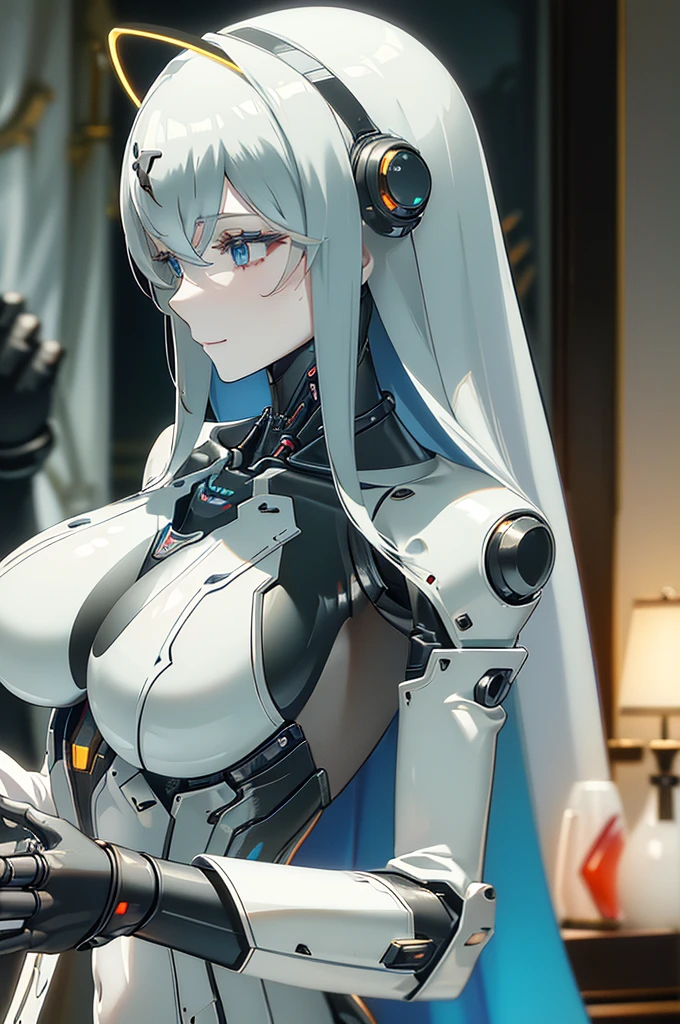 (masterpiece),(Highest quality),(Super detailed),(Best illustrations),(Best Shadow),(Absurd),(Detailed Background),(so beautiful), 16K, 8K, 4K,(Best Shadow),robotization,woman ,big bust,Robot Joint ,Metal skin,Black robot Suit,long hair,a black robot suit that covers the whole body,robot hand,cyber bodysuit,mecha head,(Detailed hands and fingers:1.2),Ball joint robot body,doll joint,beautiful face,beautiful robot girl,robotic eye,robotic hands,(no more human skin),android girl,cyborg girl,F cup, sexy body,(machine made joints:1.2),(machanical limbs:1.1),(blood vessels connected to tubes),(mechanical vertebra attaching to back),(mechanical cervial attaching to neck),no messy picture style,no emotion,tech control,black robot suit,maintenance,smile,antenna