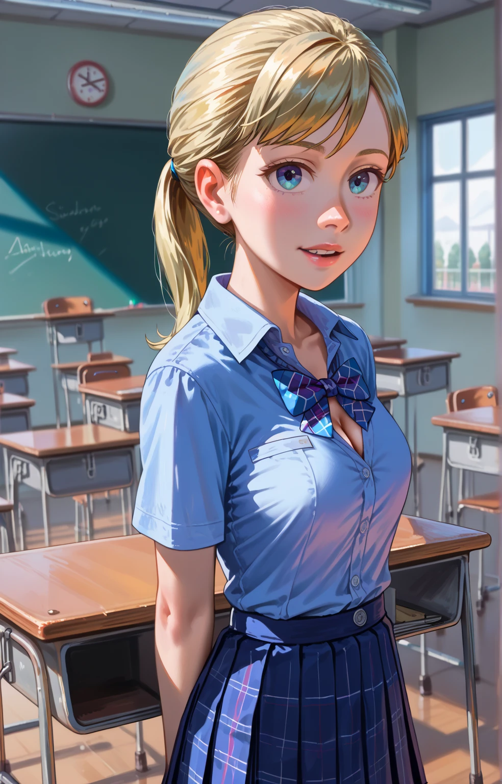 score_9, score_8_up, score_7_up, 1girl, 4k,  vibrant colors, masterpiece, blond ponytail hair, (crowded classroom:1.5), school uniform, tights, sexy pose, close up, cleavage, (crowded classroom:1.5), competing for teacher's attention