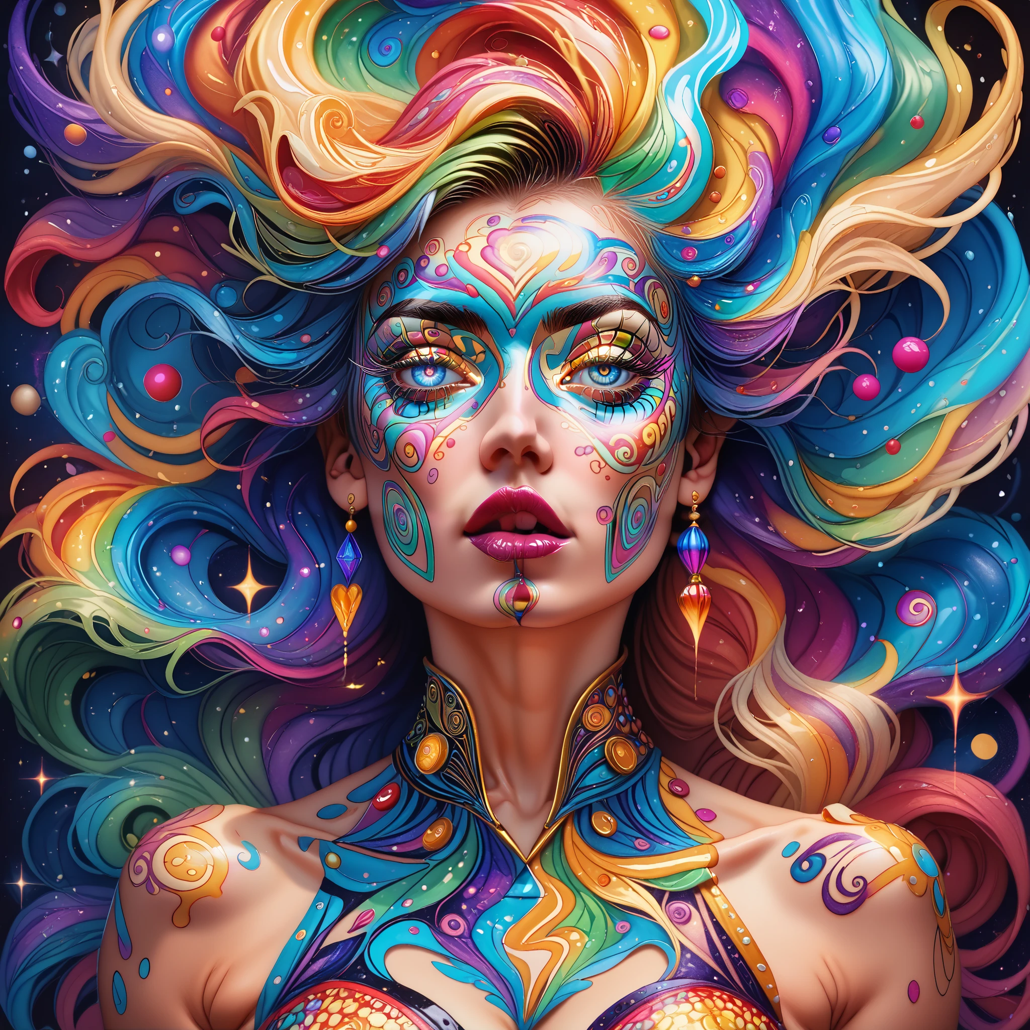  painting of a woman's face painted with colorful patterns and colors, Amanda Sage  ,  popular at Art Station,  psychedelic art ,  psychedelic goddess ,  Ultra Detailed Fantastic Art ,   Extremely Complex and Colorful  ,  highly detailed visionary art , epic shamanic DMT art,  psychetrance artwork , DMT art,  Visionary Art Style ,   Highly Detailed Fantastic Art High Definition,  very detailed ,  smiles, 