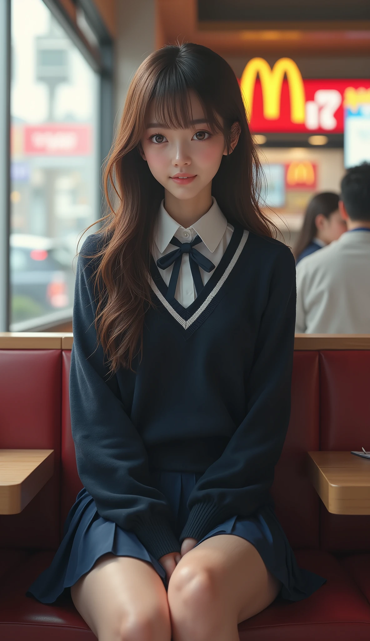 A girl who looks good with long,long leges,JK school uniform,Perfect Golden Ratio body,Little cute,schools,Perfect chest,little blush,whaite hair,red pupil