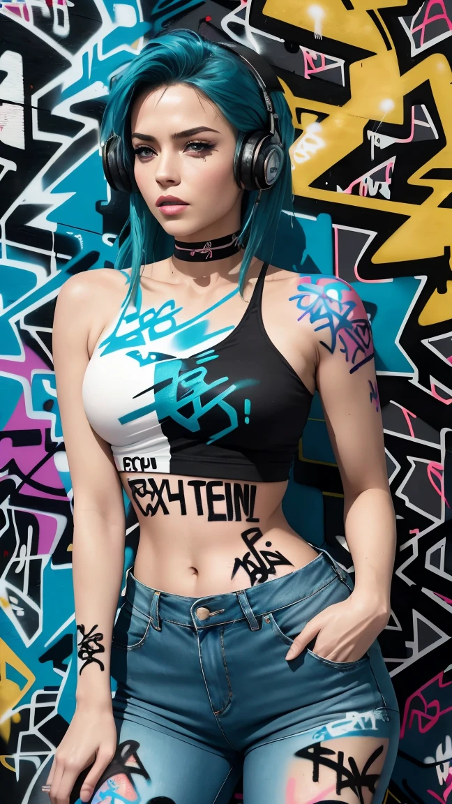 masterpiece, best quality, 1girl, solo, crop top, denim shorts, choker, (graffiti:1.5), paint splatter, arms behind back, against wall, looking at viewer, armband, thigh strap, paint on body, head tilt, bored, multicolored hair, aqua eyes, headset,