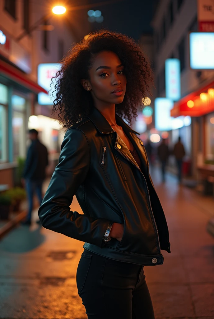 8k, RAW photo, best quality, ultra high resolution, photorealistic, realistic photo of skinny ebony girl gangster from 70's, (slim ebony girl gangster, dark skin, black hair, curly hair, slim face), in chicago downtown at night, (chicago), night time, full body portrait, photo from behind, wearing gangster from 70's costume, wearing white tuxedo, tuxedo, pants, rolled sleeves, wearing hat, looking at viewer 1:2, smirking, (extremely detailed CG unity 8k wallpaper), Sharp focus, (bright light)
