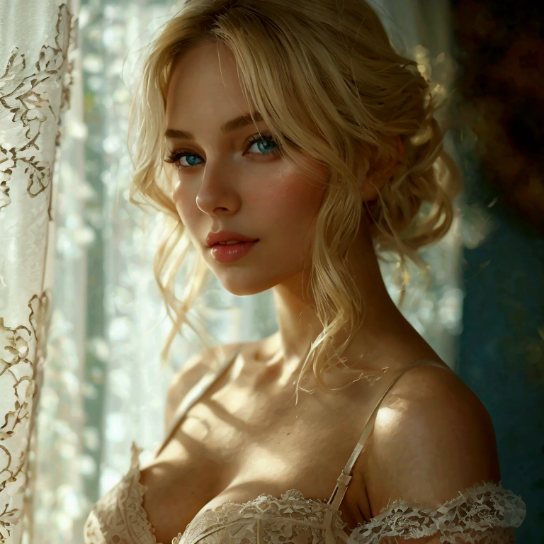 masterpiece, high quality, highly detailed composition,8k, enchanting woman, hot youg 1girl in bed, curly long blonde hair, flawless face, real human skin, skin pores: 1.2,(Realistic Hands) realistic perfect eyes and pupils, full lips, photorealism, intense lighting, realistic textures,natural colors, Ultra Realistic, seductive pose, detailed white silk lace lingerie, highres image, dark and moody atmosphere, intricate bedroom decor, silky blankets, lace stockings, submissive expression, sensual atmosphere, dslr, RAW, analog,film grains, sharp focus, contrast lighting
