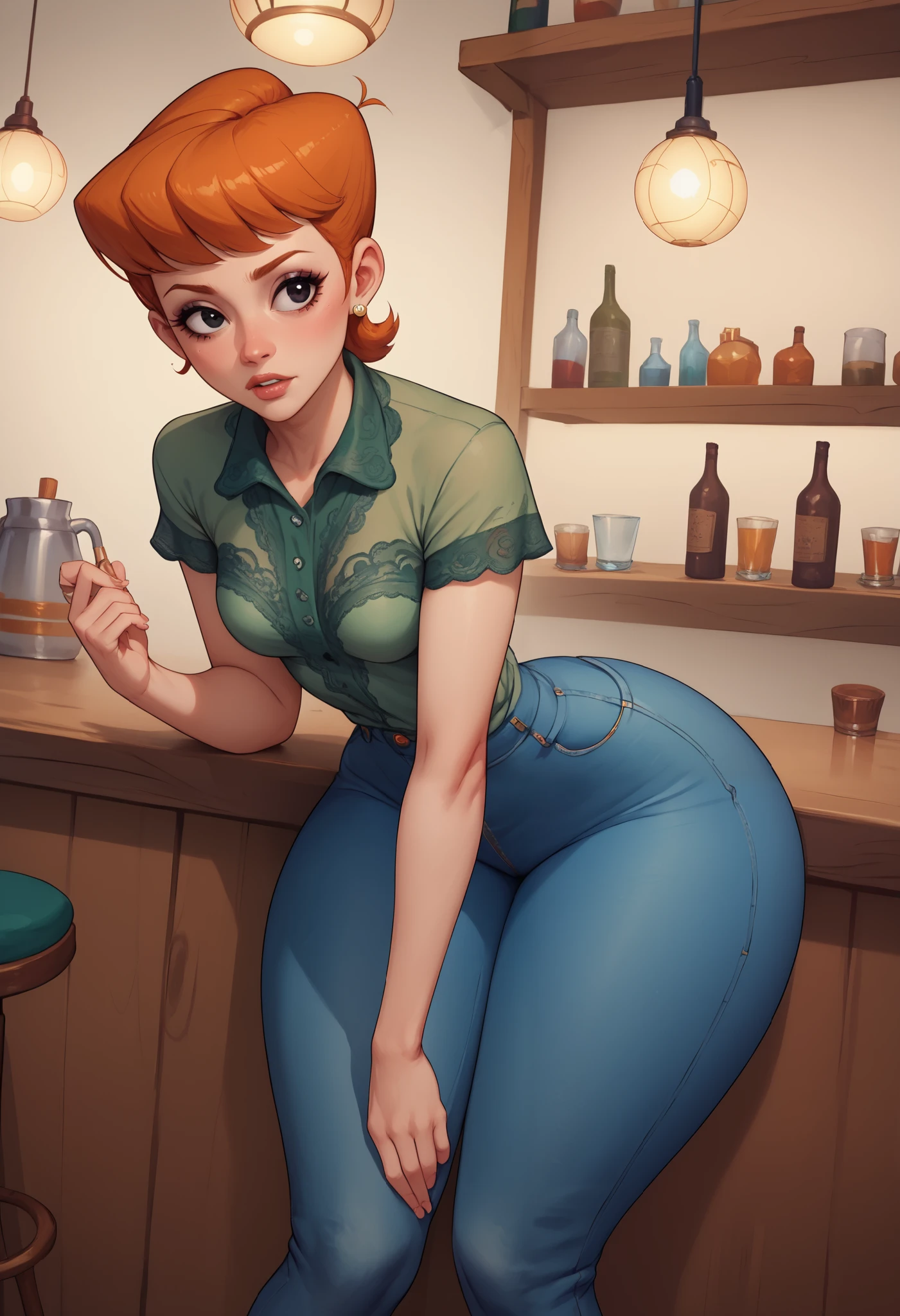 score_9, score_8_up, score_7_up, BREAK, 1girl, solo, black eyes. ginger. small saggy breasts. huge hips. dextersmom, makeup, jewelry, mature female, bend over, (((greenlace shirt))),(((blue jeans))). bar.
