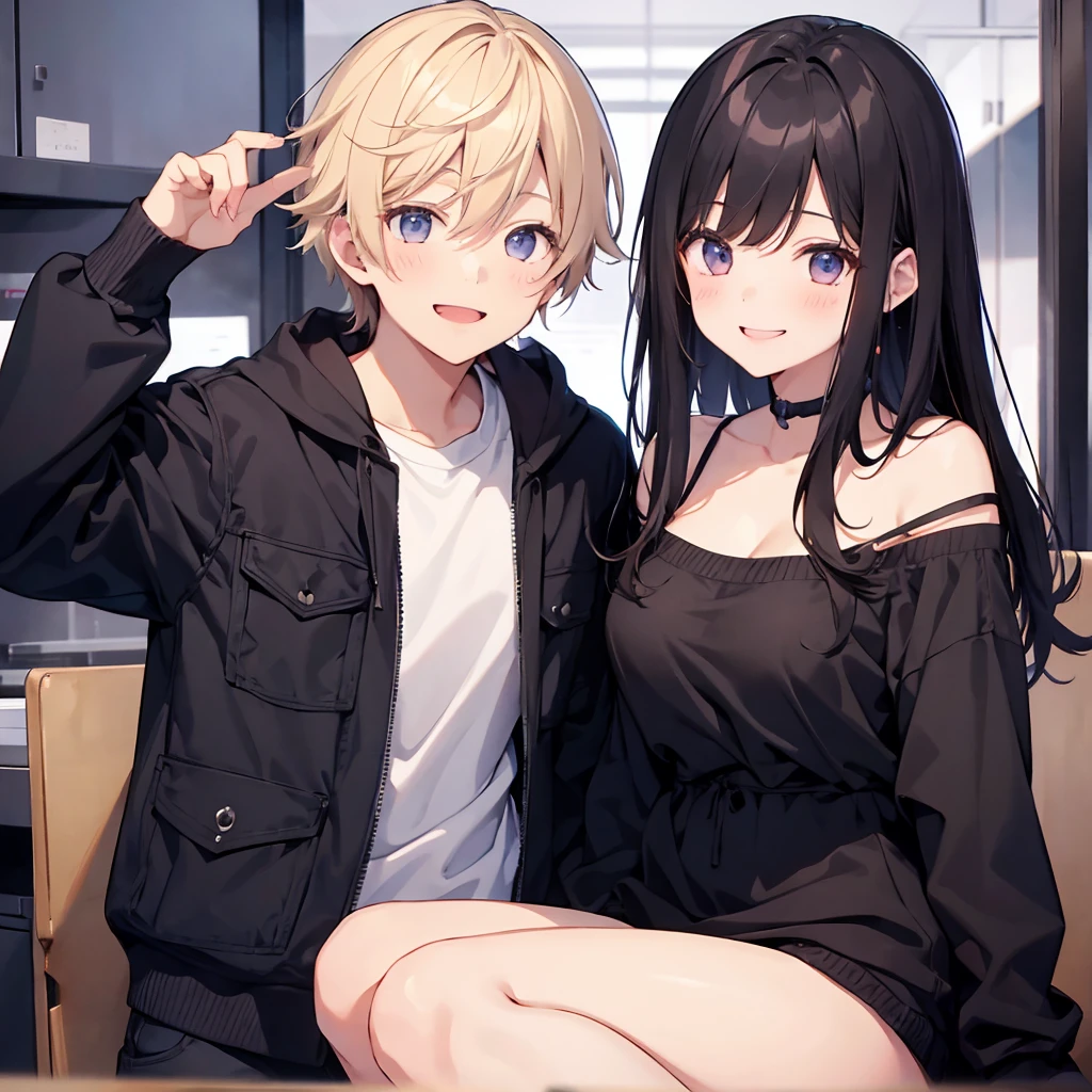 A boy halfway in transforming into a girl, scared look, black shirt, blue jeans, girl variants of clothing