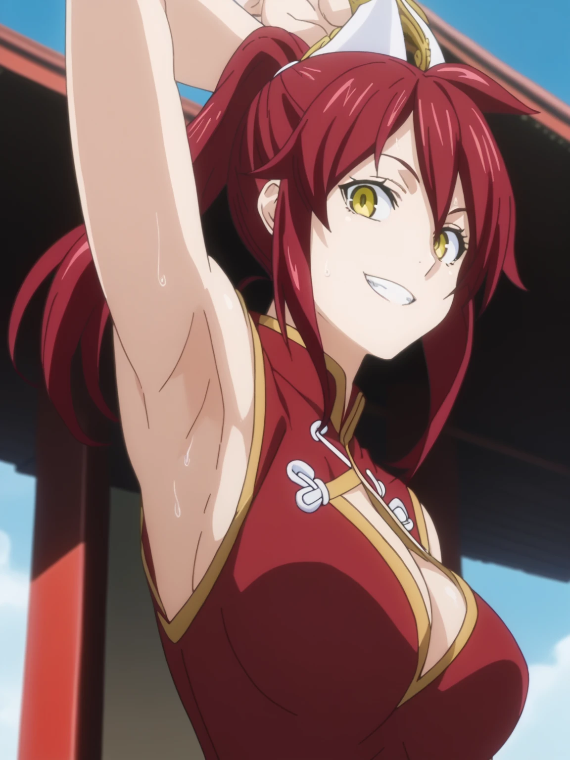 score_9, score_8_up, score_7_up, source_anime, anime screencap, 1girl, solo, rindou kobayashi, ponytail hair, long hair, red hair, yellow eyes, large breasts, cleavage, chinese costume, red costume, chinese cheosangnam , arm up, raised arm, armpit, looking at viewer, head towards viewer, smile, teeth, badhandv4, outdoors, day, sunny, from side, from below, pinning down viewer, sweaty armpits 