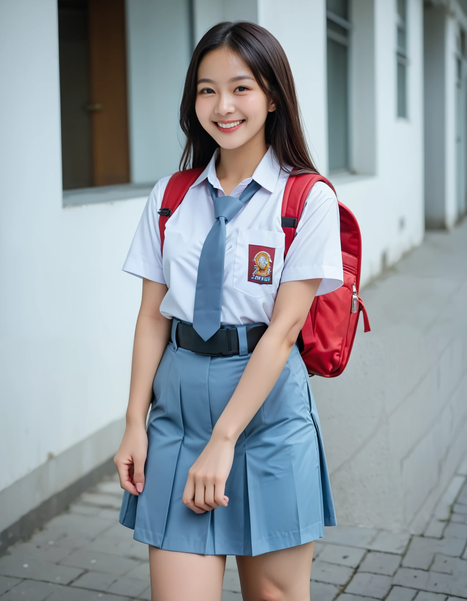 (masterpiece, best quality:1.0), highly detailed,  detail,  1girl,  Asian girl, long hair, black hair, Indonesia high school uniform, wearing white collared shirt, short sleeves, light blue skirt, pleated skirt, wearing black belt, light blue neck tie, pocket, school logo on pocket, outdoor,  smile,  standing, cowboy shot, wearing backpack, red backpack