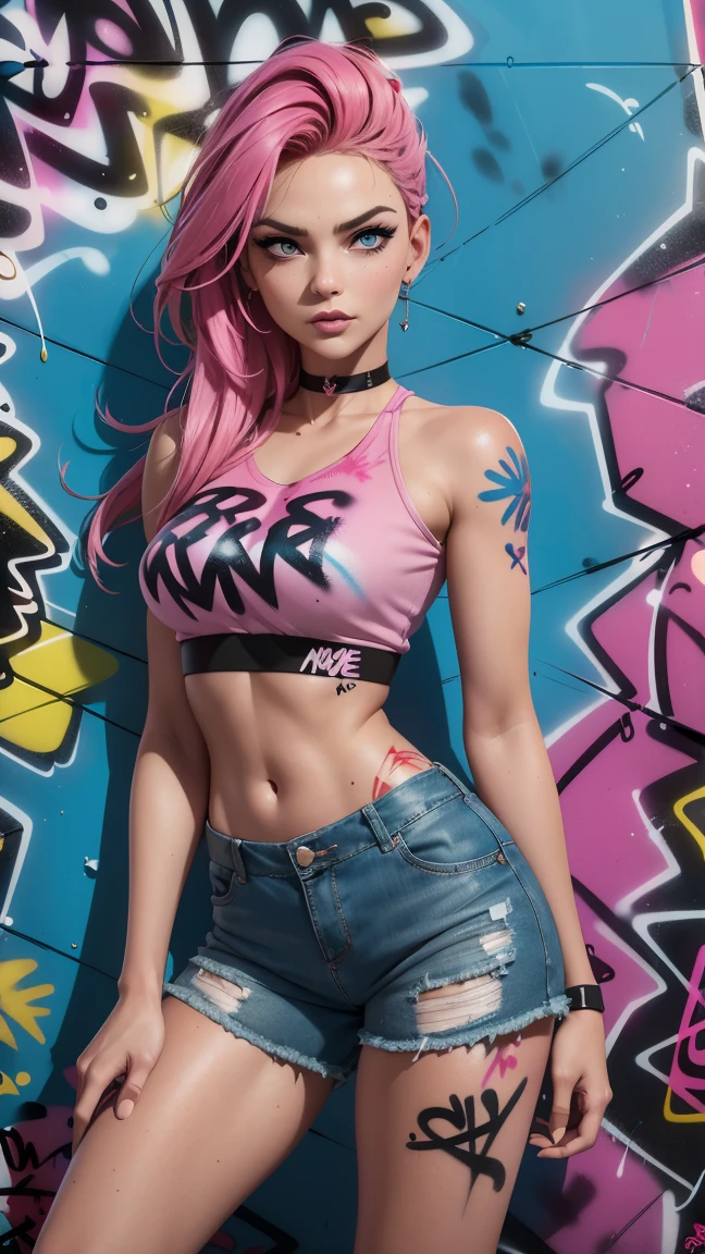 Perfect Style, Beautiful Face, Highly detailed face and skin texture, (Maximum resolution: 1.2), 1 female, alone, Hip Up, jewelry, (((He has many tattoos all over his body)), Pink hair, (Thong),(((sports bra underwear))), , (((Tight waist))), ((Big Breasts))