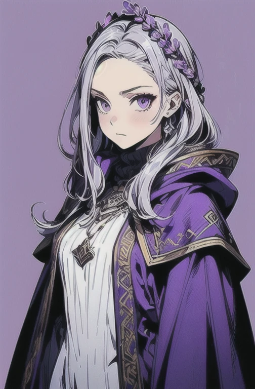 (masterpiece, ultra-detailed, high resolution, best quality:1.2), (anime, simple background, fantasy art, RPG character, concept art), (portrait), (female, solo, adult female, (lavender hair:1.3), (long hair:1.2), (middle part hair:1.2), (forehead:0.8), tall woman), (medieval long cloak, (deep purple cloak), (white tight dress)), (serious)