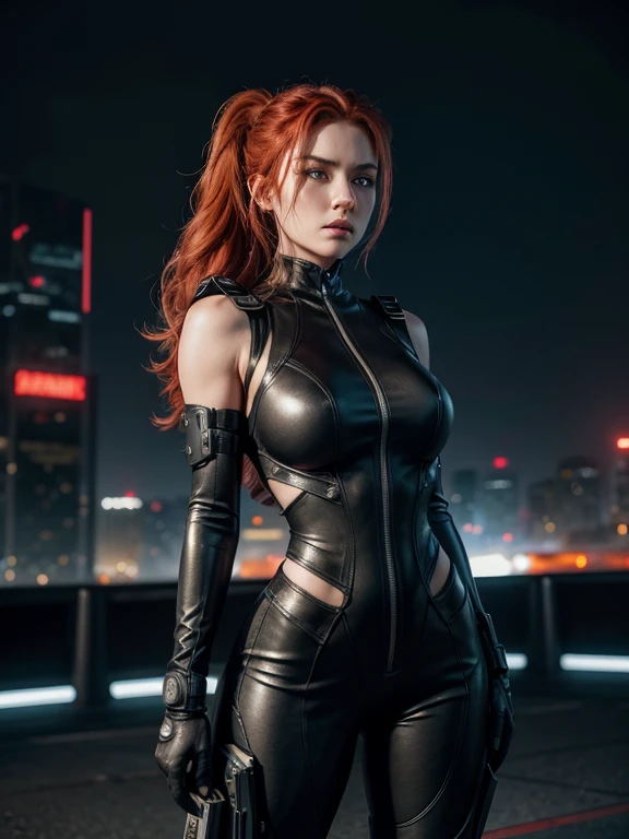 Animatrix style, ultra-realistic, cyberpunk, science fiction, character, feminine, ultra textured, perfect face. A beautiful red-haired mechanic has mutant powers, she is powerful and walks empowered in the middle of a mutant suburb. Her clothing has dark red, dark green and dark yellow colors.