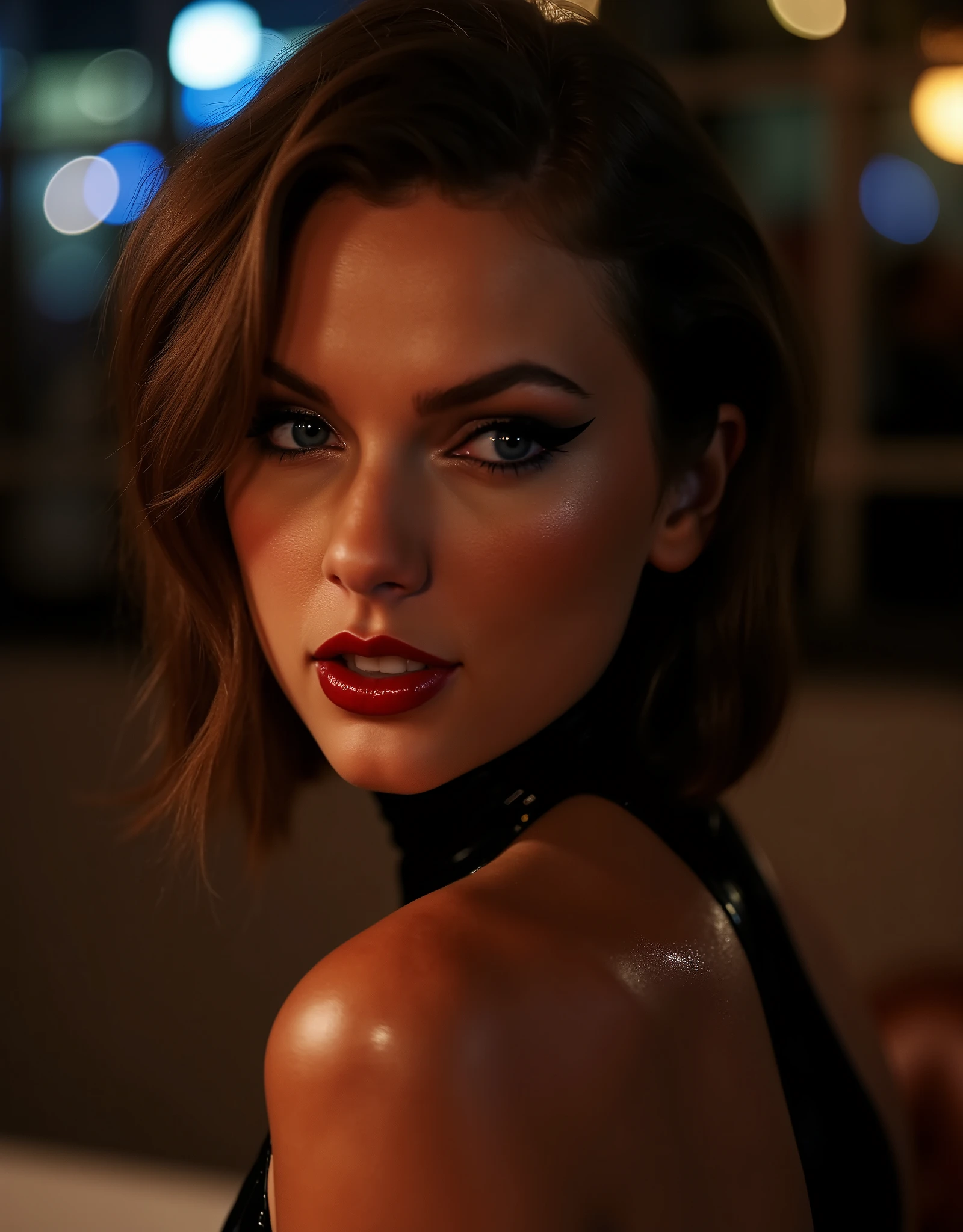 beautiful full body portrait, red lip gloss, latex catsuit, euphoria, brown hair, shiny lips, glossy lips, reflective lips, eye contact, on a dinner date